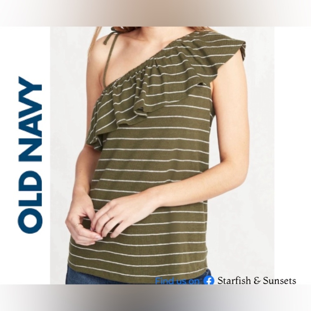 Old Navy- Women’s Olive Green Striped One Shoulder Ruffle Sleeveless Top- Size M